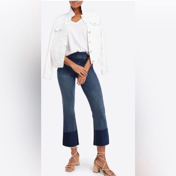 SPANX Denim - SPANX Kick Crop Flare Denim Jeans M/Dk Wash Raw Hem Size XL Pull-on Shaping